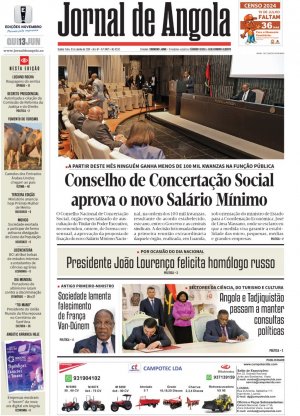 Capa do Jornal de Angola, Quinta, 13 de Junho de 2024
