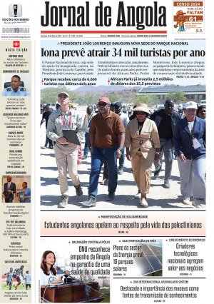 Capa do Jornal de Angola, Domingo, 19 de Maio de 2024