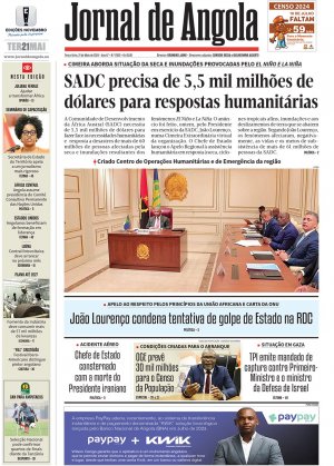 Capa do Jornal de Angola, Terça, 21 de Maio de 2024